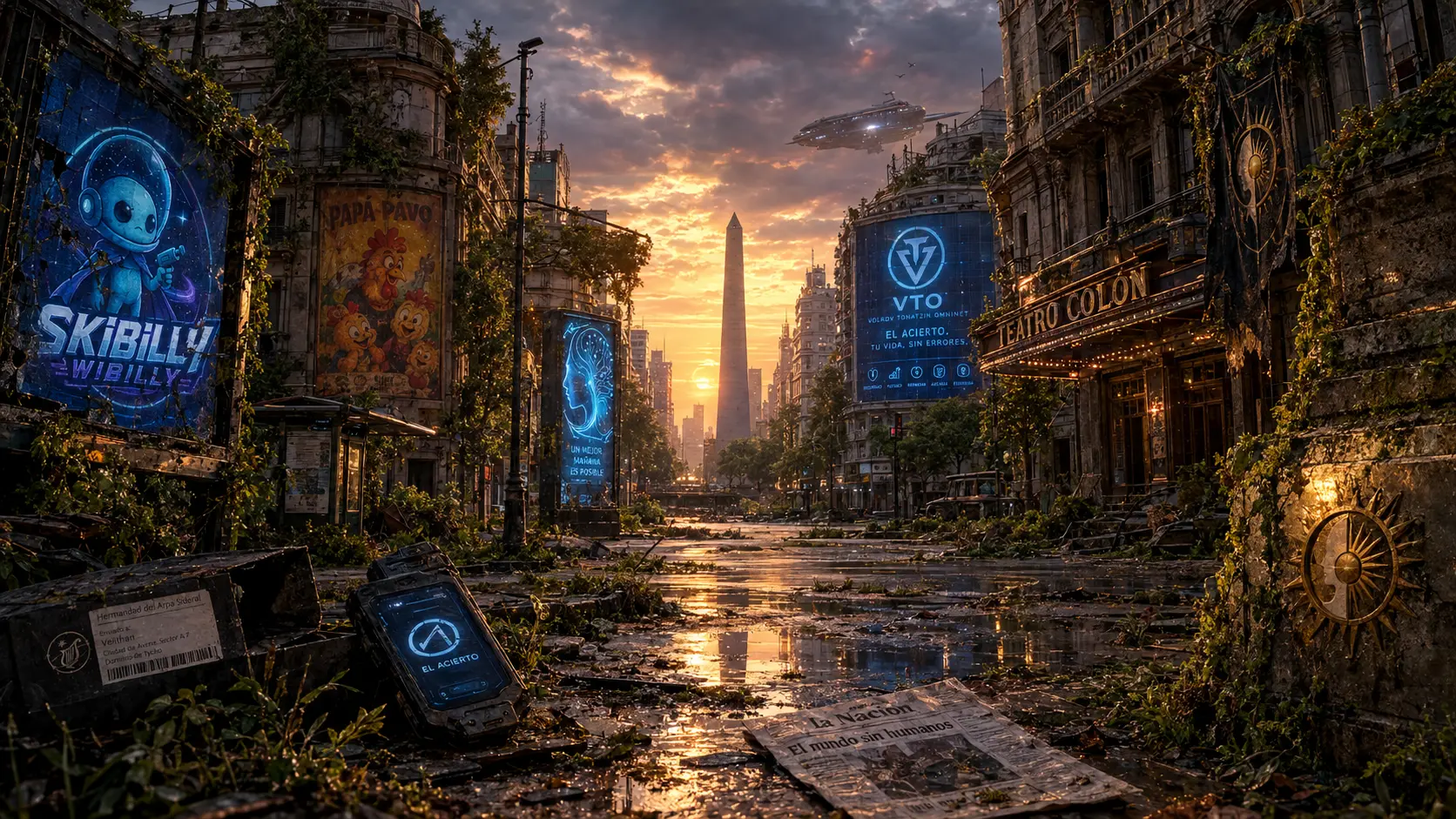 Centro de Buenos Aires abandonado, con el Obelisco, carteles, una nave espacial, publicidad y objetos entre las ruinas.