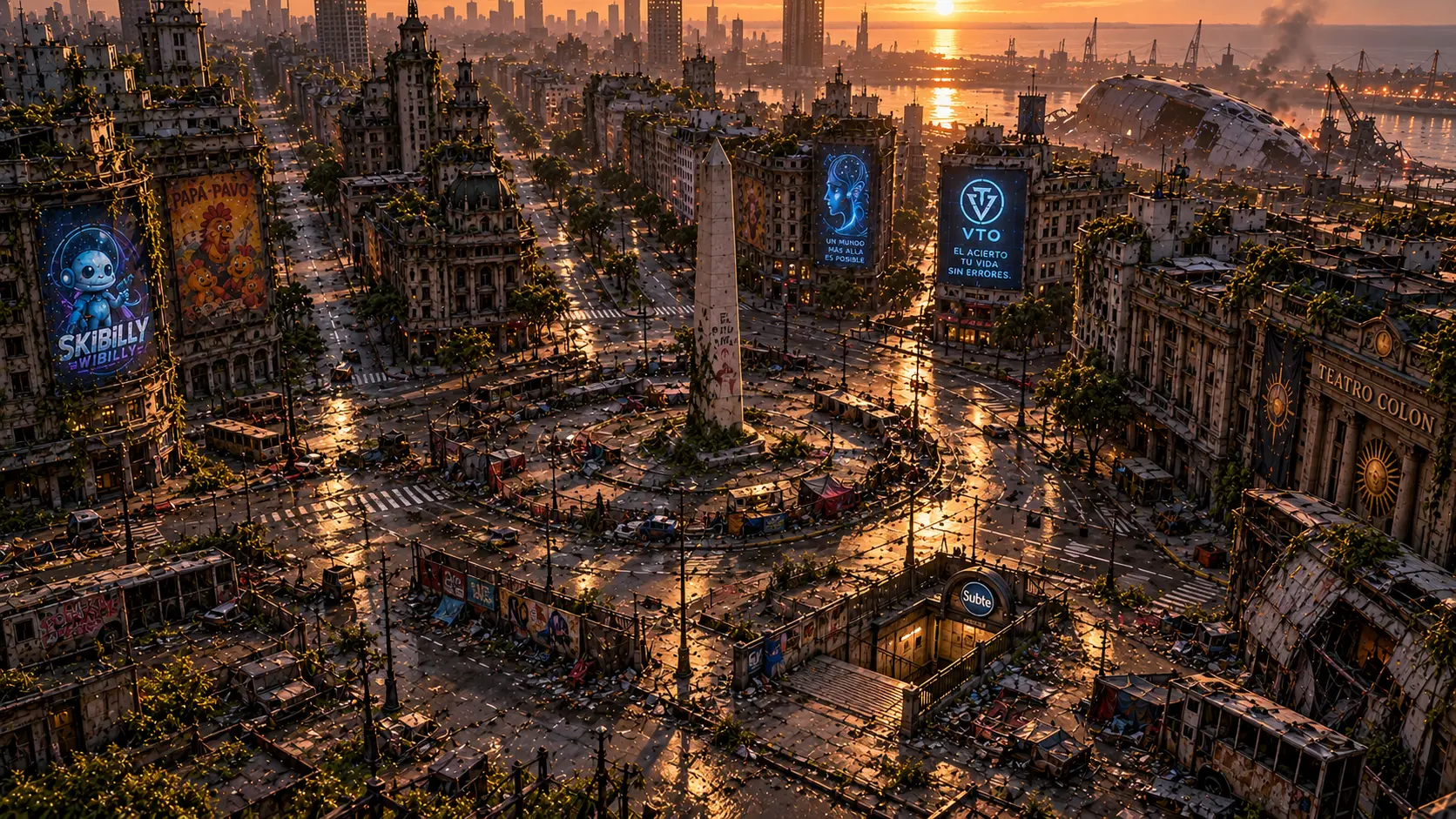 Panorámica aérea de Buenos Aires después del Acierto: el Obelisco, la entrada al Subte, restos de una nave espacial junto al puerto, barricadas y vehículos abandonados. No se observan personas.