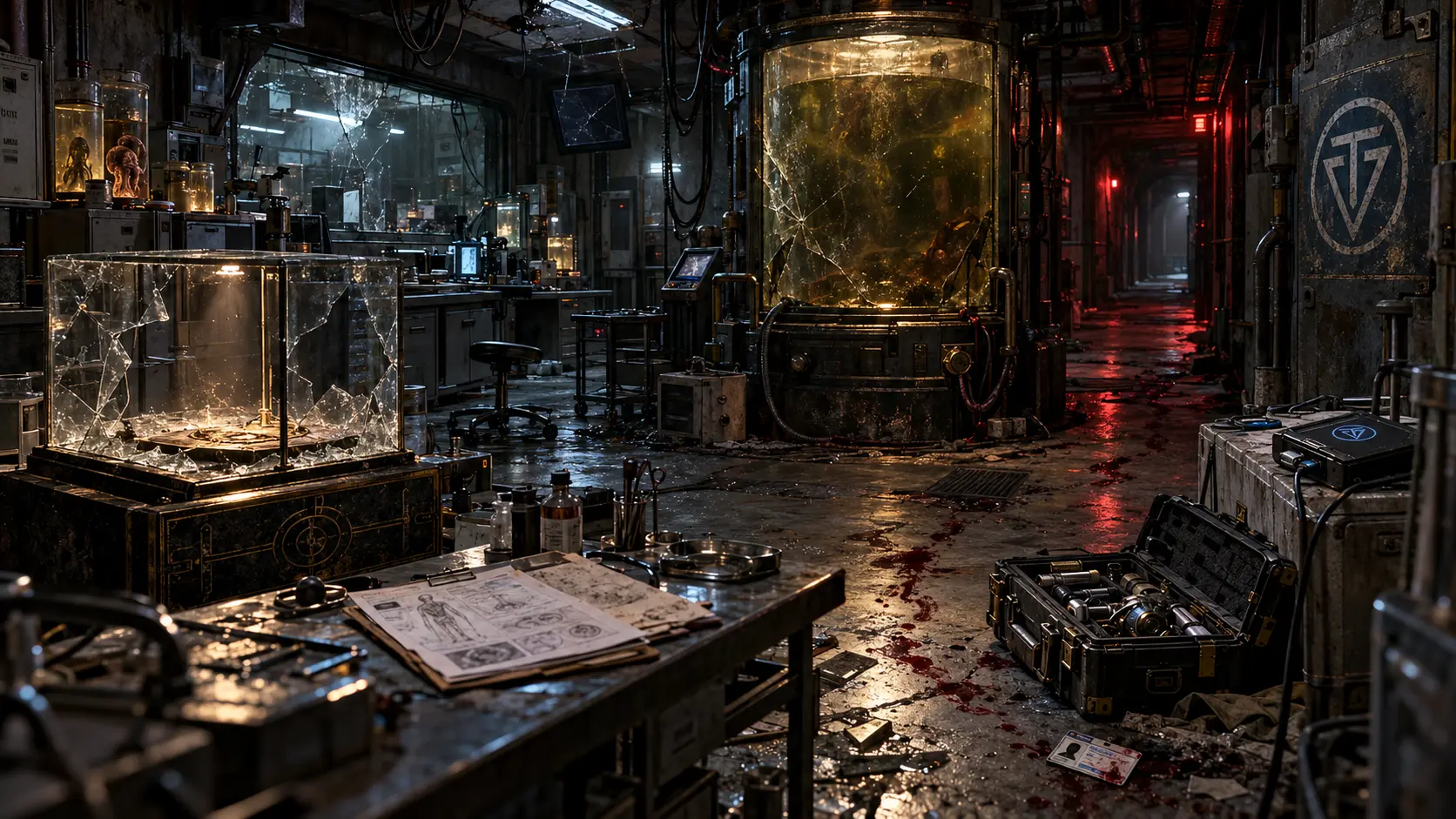Laboratorio subterráneo de VTO, oscuro, en ruinas y abandonado, dedicado al estudio de entidades no humanas. Hay equipos destruidos, una vitrina rota, una pecera agrietada y rastros inquietantes de sangre.